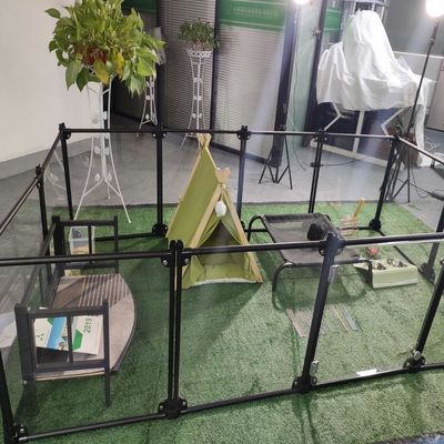 공장 럭셔리 아크릴 알루미늄 분리 가능한 애완 동물 놀이터 고양이 키널 하우스 개 울타리 펜 투명한 카튼 사용자 지정 로고 버튼