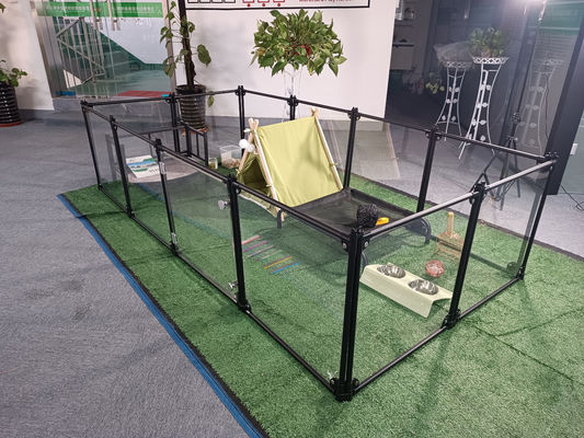 공장 럭셔리 아크릴 알루미늄 분리 가능한 애완 동물 놀이터 고양이 키널 하우스 개 울타리 펜 투명한 카튼 사용자 지정 로고 버튼