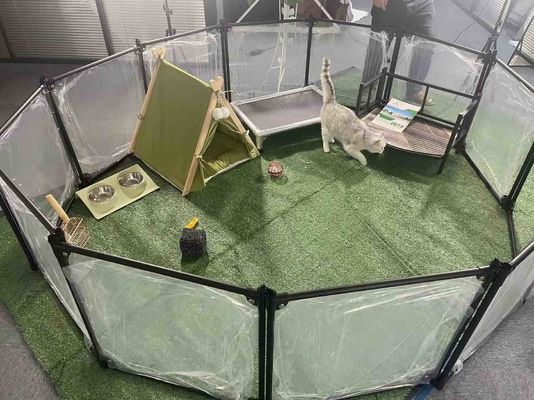 공장 럭셔리 아크릴 알루미늄 분리 가능한 애완 동물 놀이터 고양이 키널 하우스 개 울타리 펜 투명한 카튼 사용자 지정 로고 버튼