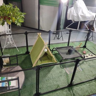 공장 럭셔리 아크릴 알루미늄 분리 가능한 애완 동물 놀이터 고양이 키널 하우스 개 울타리 펜 투명한 카튼 사용자 지정 로고 버튼